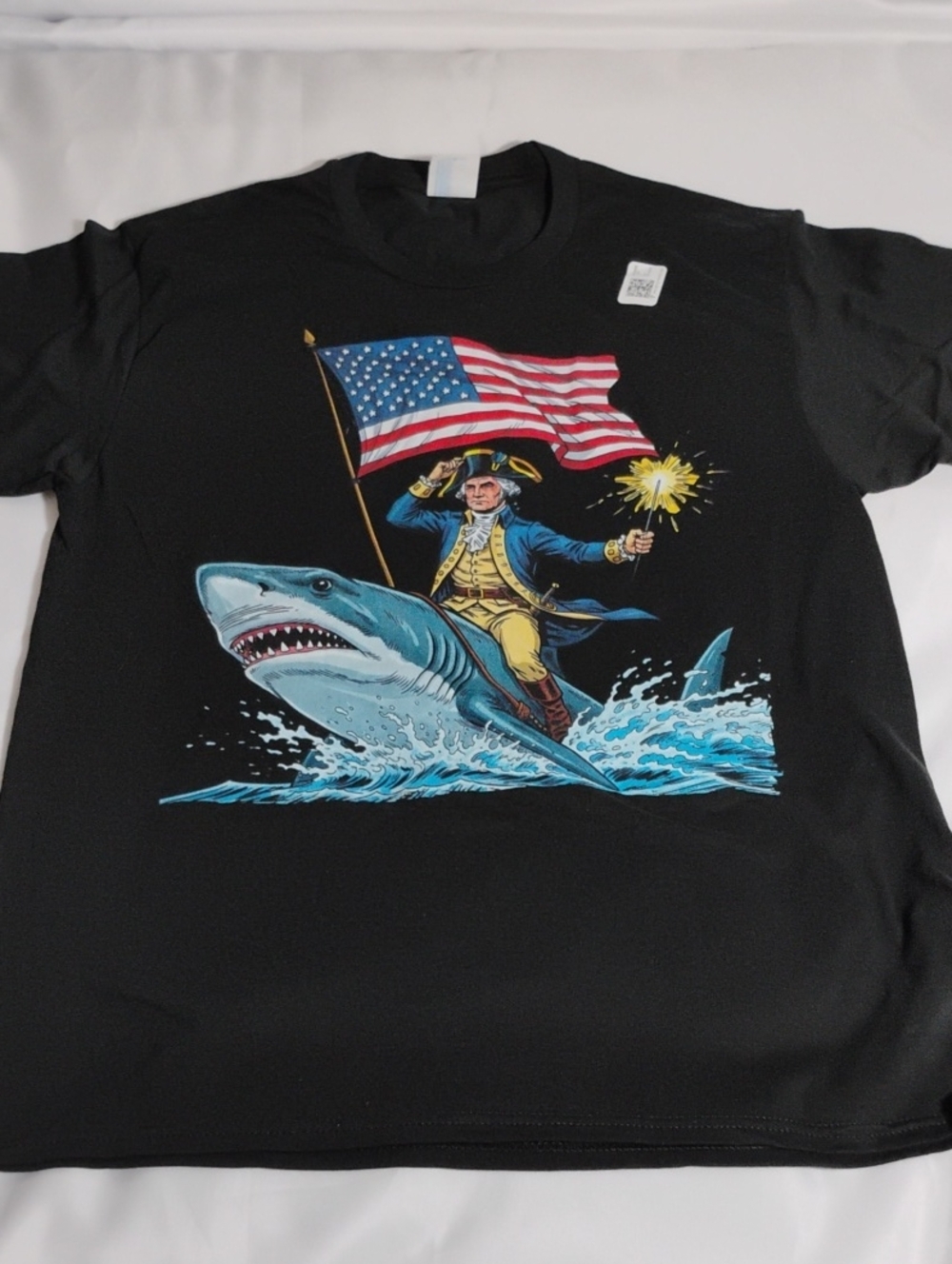 Black Graphic Tee with Patriotic George Washington Shark Illustration